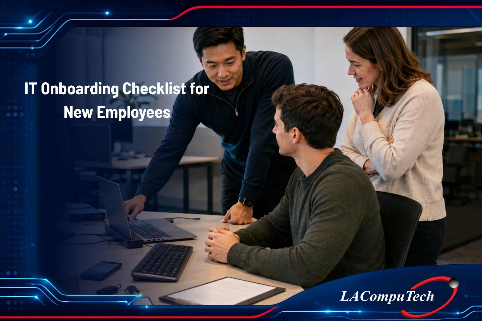IT onboarding checklist for new employees covering secure technology setup and account access